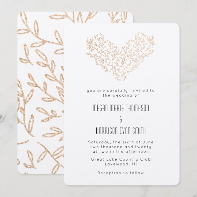 Modern Golden Wreath Heart Wedding Invitation (Front/Back)