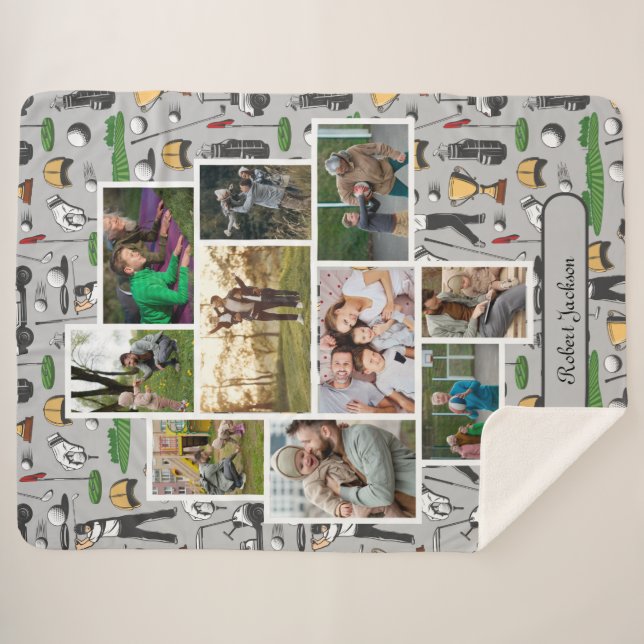 Modern Golf 10 Photo Collage Monogram Name Sherpa Blanket (Front (Horizontal))
