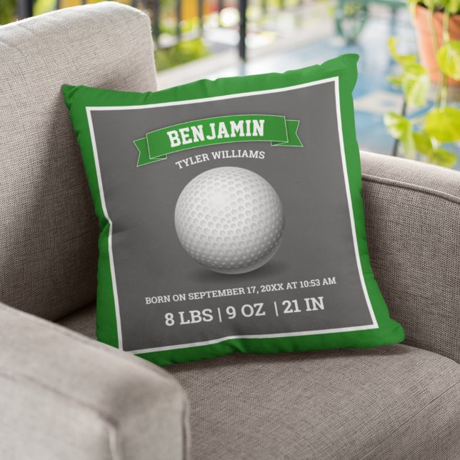 Modern Golf Ball Baby Birth Stats Cushion (Creator Uploaded)