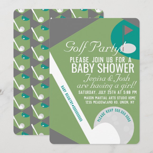 Modern Golf Ball Theme Boy Baby Shower Green Navy Invitation (Front/Back)