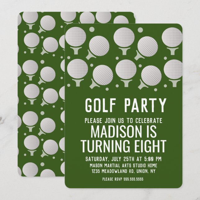 Modern Golf Balls Birthday Party Green Invitation (Front/Back)