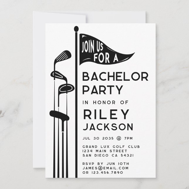 Modern Golf Golfers Bachelor Party Black and White Invitation (Front)