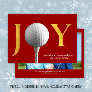 Modern Golf Joy & Peace Red Christmas Photo Holiday Card
