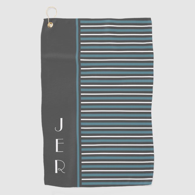 Modern Golf Monogrammed Grey Turquoise Stripes Golf Towel (Front)