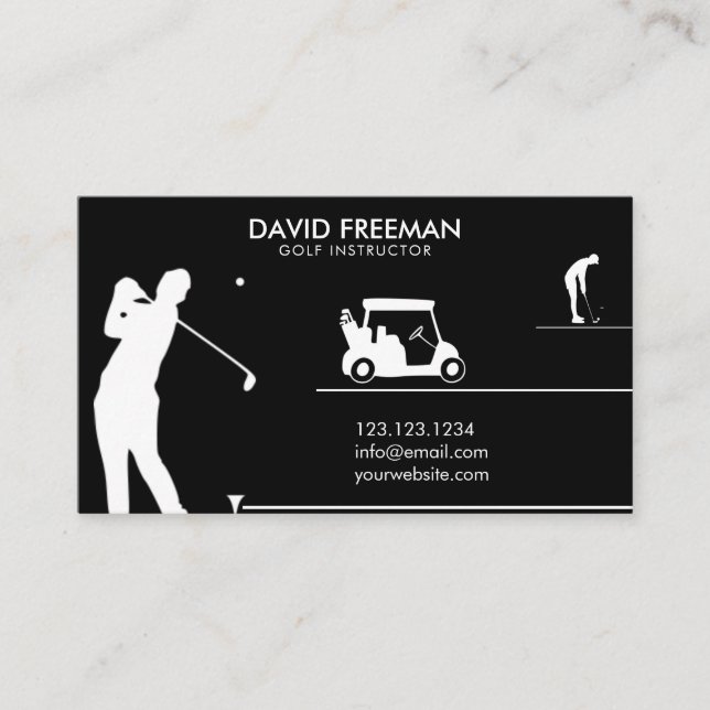 Modern Golfer & Cart Black Golf Instructor Business Card (Front)