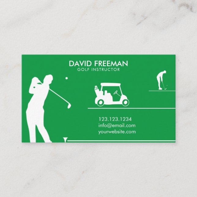Modern Golfer & Cart Green Golf Instructor Business Card (Front)