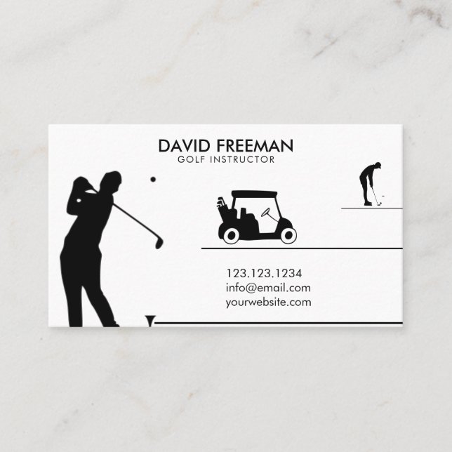 Modern Golfer & Cart White Golf Instructor Business Card (Front)