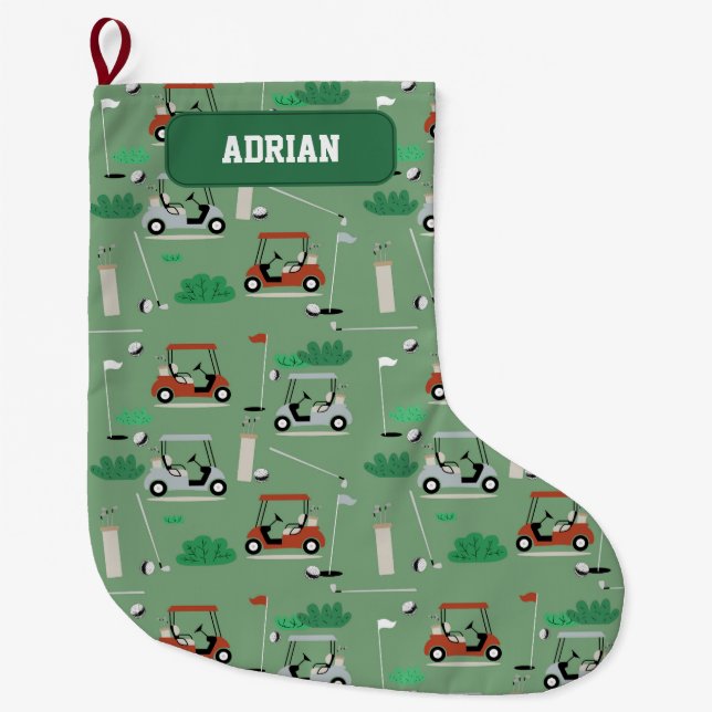 Modern Golfer Golf Theme Personalised Name Large Christmas Stocking (Front)