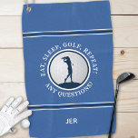 Modern Golfer Monogram Pro Sports Golf Ball Blue Golf Towel<br><div class="desc">Modern design features a trendy blue background showcasing a realistic golf ball with a female golfer silhouette in dark navy blue accented with white and navy stripes. Fun golf quote text reads, "Eat, Sleep, Golf, Repeat! Any Questions" in white typography. Customise with name, initials or short line of custom text....</div>