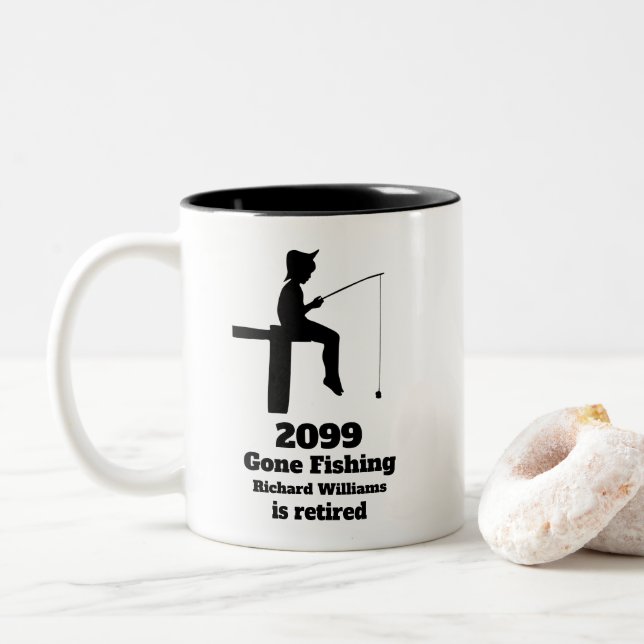 Modern Gone Fishing Retired Sitting Fisherman Gift Two-Tone Coffee Mug (With Donut)