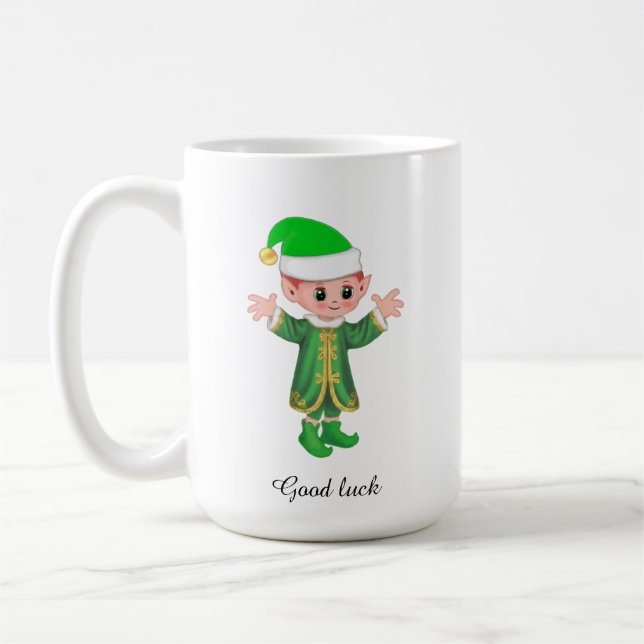 Modern Good Luck Elf and Script Mug (Left)
