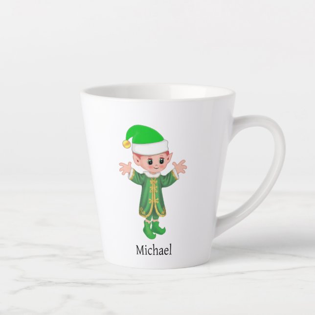 Modern Good Luck Elf with Script and Monogram Latte Mug (Right)
