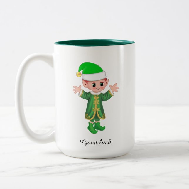 Modern Good Luck Elf with Script and Monogram Mug (Left)