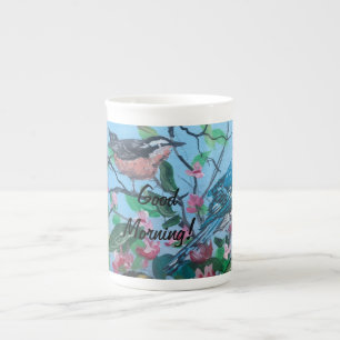 Modern 'Good Morning' Bird Art Bone China Mug