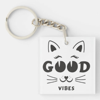 Modern Good Vibes Cat Face - Minimalist Feline Typ Key Ring