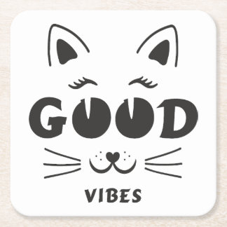 Modern Good Vibes Cat Face - Minimalist Feline Typ Square Paper Coaster
