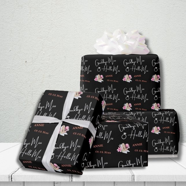 Modern Goodbye Miss Hello Mrs Black Bridal Shower Wrapping Paper (Creator Uploaded)