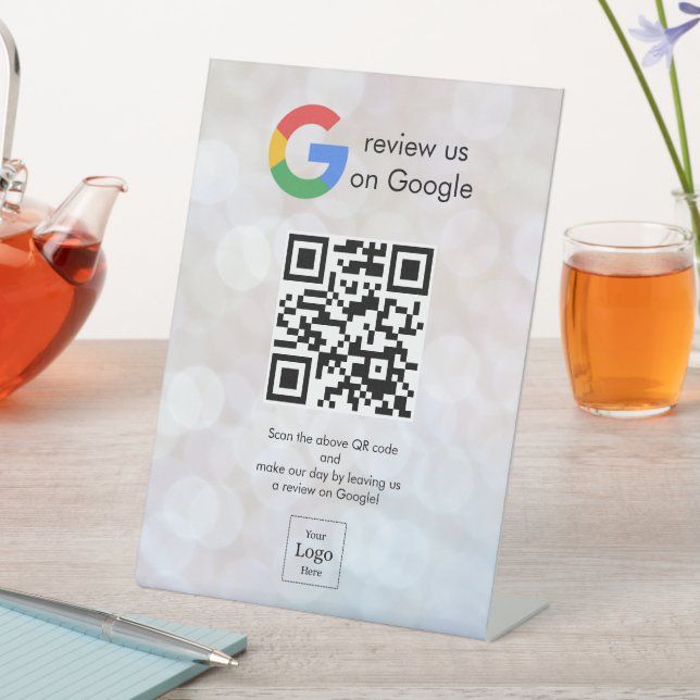 Modern Google reviews qr code tabletop sign (In SItu)