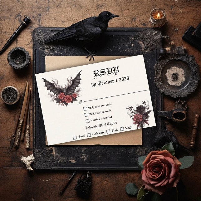 Modern Goth Bat and Rosewood  RSVP Card (Creator Uploaded)