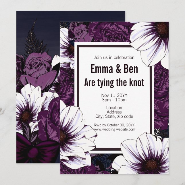 Modern Goth Floral Dark Plum Wedding Invitation (Front/Back)
