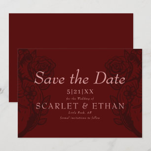 Modern Gothic Elegant Red Floral Heart Wedding Save The Date