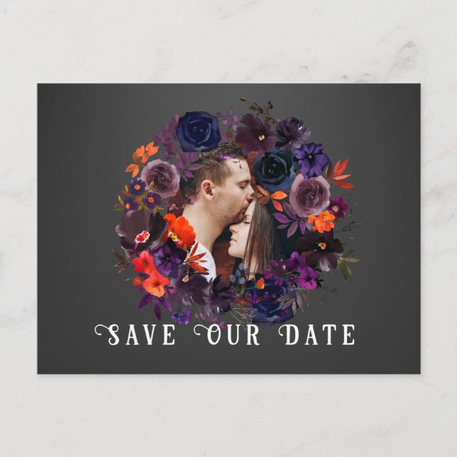 Modern Gothic Floral Photo Wedding Save the Date Postcard (Front)