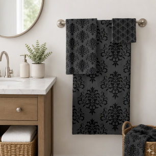 Modern Gothic Grey Black Damask Pattern Bath Towel Set