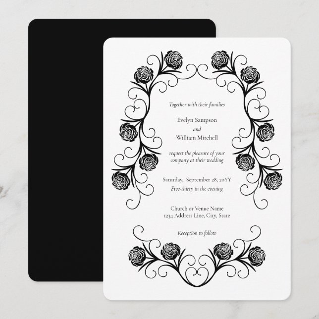 Modern Gothic Rose Swirls Black and White Wedding Invitation (Front/Back)