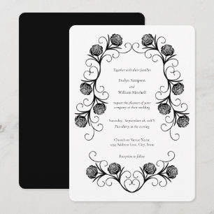 Modern Gothic Rose Swirls Black and White Wedding Invitation