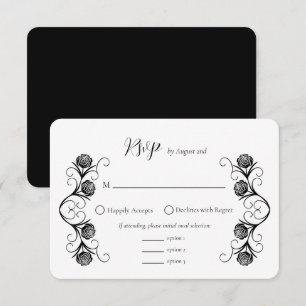 Modern Gothic Rose Swirls Black and White Wedding RSVP Card
