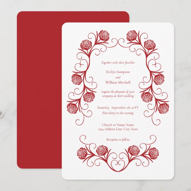 Modern Gothic Rose Swirls Crimson Red Wedding Invitation (Front/Back)