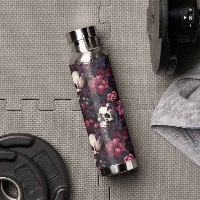 Modern Gothic Skull Pink Flower Pattern Water Bottle (Gym)