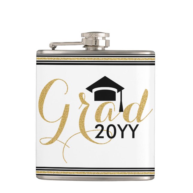 Modern Grad 2016 Gold Glitter Text Design Hip Flask (Front)
