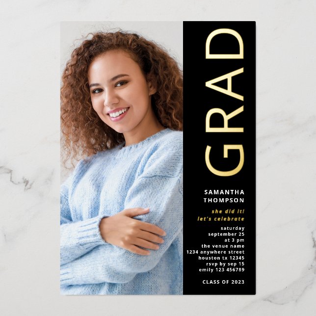 Modern Grad 2025 Photo Graduation Black Gold Real (Front)