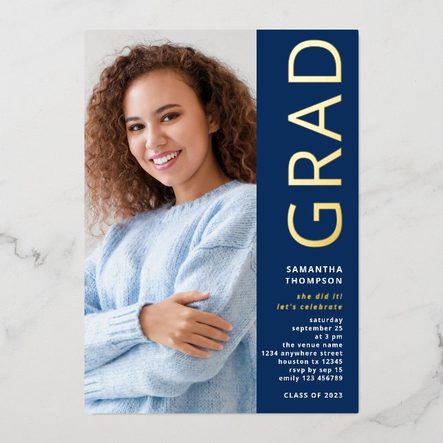 Modern Grad 2025 Photo Graduation Navy Gold Real (Front)