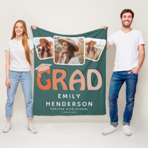 Modern GRAD 3 x Photo Collage Graduation Gift Fleece Blanket