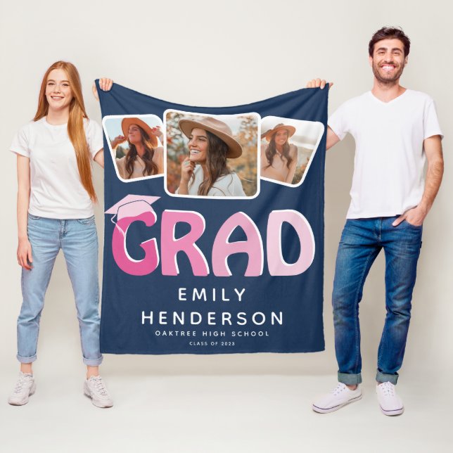 Modern GRAD 3 x Photo Collage Graduation Gift Fleece Blanket (In Situ)