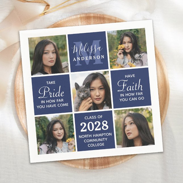 Modern Grad 5 Photo Collage Navy Blue Graduation Napkin (Creator Uploaded)