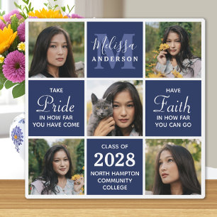 Modern Grad 5 Photo Collage Navy Blue Graduation Plaque