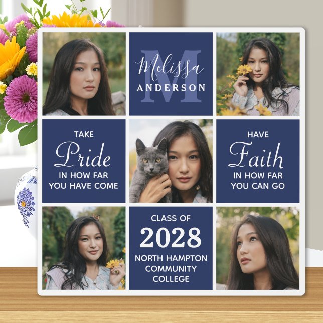 Modern Grad 5 Photo Collage Navy Blue Graduation  Plaque (Creator Uploaded)