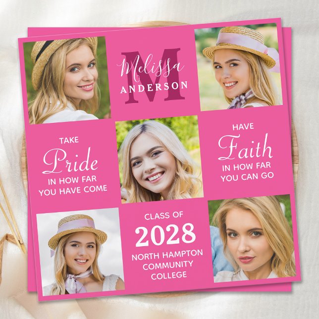 Modern Grad 5 Photo Collage Pink Graduation Invitation (Creator Uploaded)