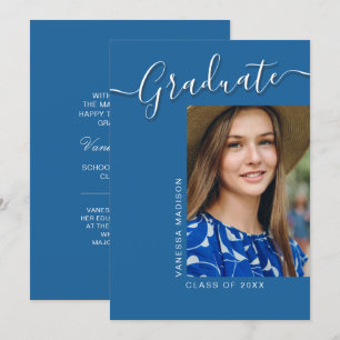 Modern Grad Blue 1 Photo Elegant Script Announcement