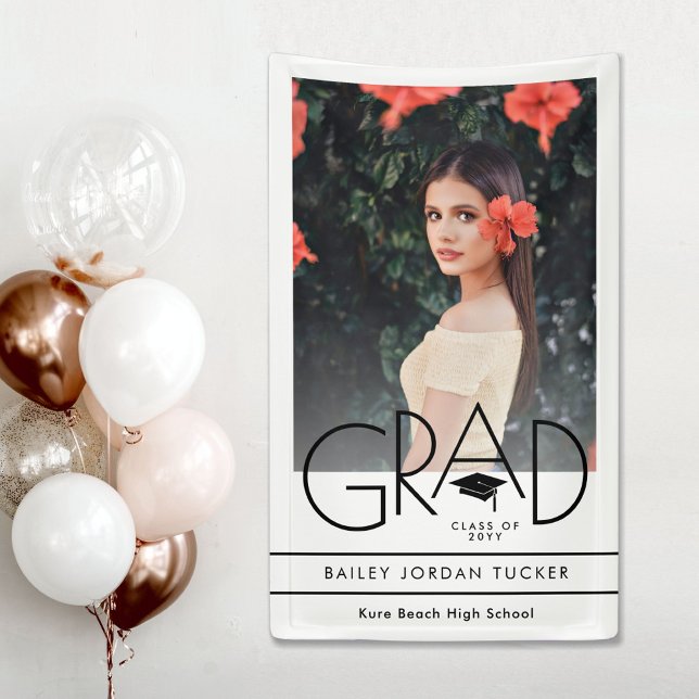 Modern GRAD Cap Black White Photo Graduation Banner (Creator Uploaded)