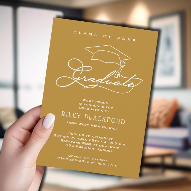Modern Grad Cap Gold Graduation Announcement (Gold graduation announcement cards feature your details in chic white lettering.)