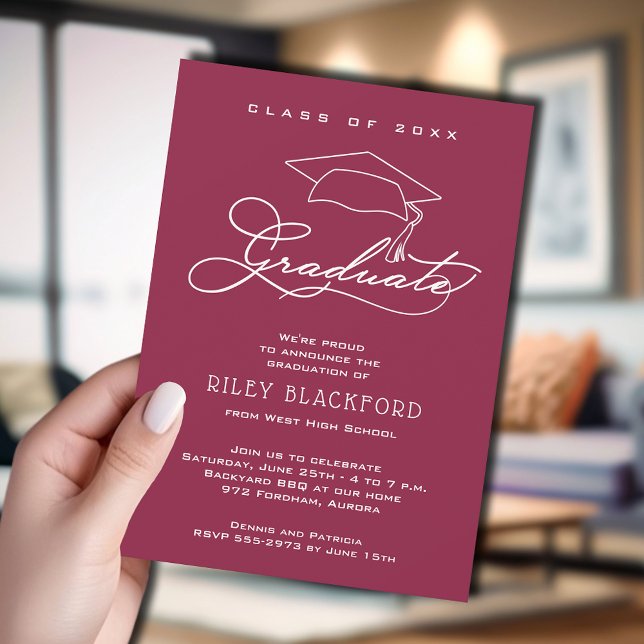 Modern Grad Cap Maroon Graduation Announcement (Maroon graduation announcement cards feature your details in chic white lettering.)