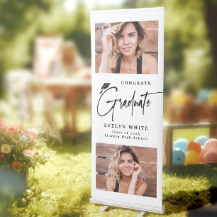 Modern Grad Cap Script 2 Photo Graduation Party Retractable Banner
