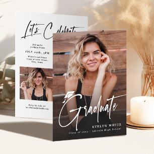 Modern Grad Cap Script 4 Photo Simple Graduation Invitation