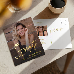 Modern Grad Cap Script Simple Photo Graduation Foil Holiday Postcard