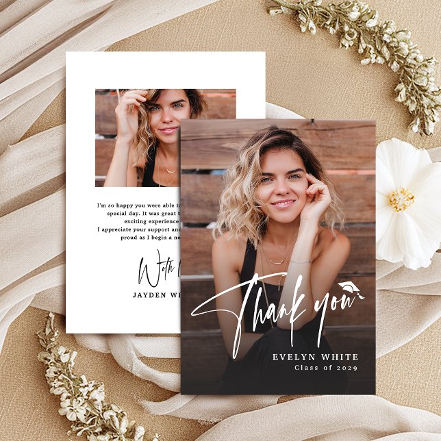 Modern Grad Cap Script Simple Photo Graduation Thank You Card (Modern Grad Cap Script Simple Photo Graduation Thank You Card)