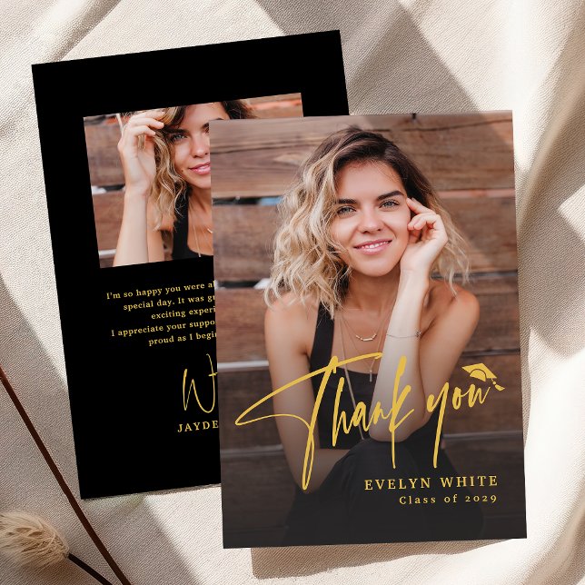 Modern Grad Cap Script Simple Photo Graduation Thank You Card (Modern Grad Cap Script Simple Photo Graduation Thank You Card)